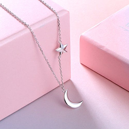 Ladytree 925 Sterling Silver Jewelry Crescent Moon and Star Pendant Necklace - style: One Star A