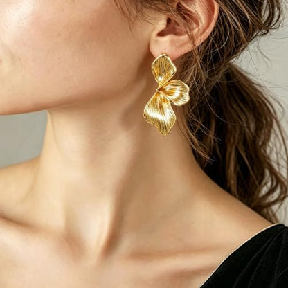 OGD Chunky Gold Statement Earrings For Women Trendy Gold Plated Sectored Flower Leaf Angel Wing Earrings Large Stud Jewlery Hypoallergenic - color: Flower-Gold