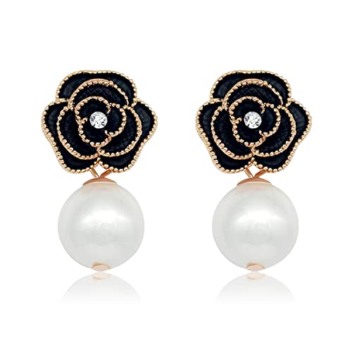 Fashion Design Faux Pearl Charm Flower Dangle Drop Earrings Studs For Women - color: Black