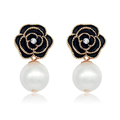 Fashion Design Faux Pearl Charm Flower Dangle Drop Earrings Studs For Women - color: Black
