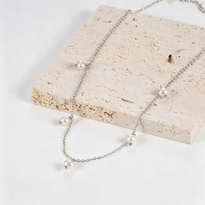 Pearl Necklace for Women, Dainty Pearls Choker Necklace for Women 14K Gold Plated Layered Pendant Necklace Handmade Gold Chain Necklace Everyday Jewelry Gift - color: Pearl Choker-Silver