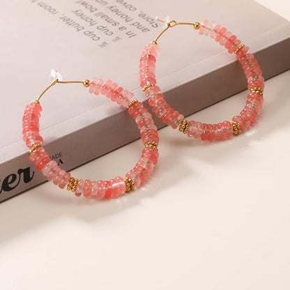 Wellike Beaded Hoop Earrings for Women Natural Stone Pink Gold Huggie Earrings Hypoallergenic Dainty Waterproof Trendy Jewelry - color: Rose Pink, size: 50mm