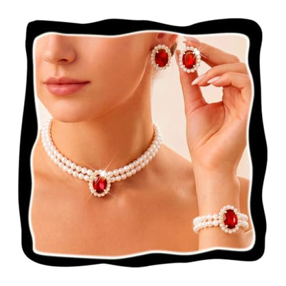 Brishow Pearl Necklace Jewelry Set Wedding Pearls Earrings Necklaces Set Bridal Crystal Bracelet Jewelry for Women (Pack of 3) - color: Red, size: 2 Layered