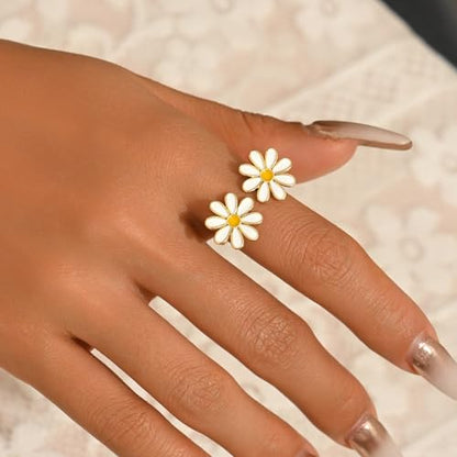 Adjustable Rings for Women 18K Gold Plated daisy Flower Butterfly Ball Cubic Zirconia Rings Dainty Open Stacking Ring - color: Double Daisy-Gold