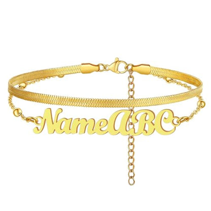 FindChic Custom Ankle Bracelets for Women, Stainless Steel Figaro/Cuban/Wheat/Rope/Herringbone Chain Anklets, Beach Foot Jewelry 8.5''-10.5'' Adjustable & Waterproof, with Gift Box - style: Herringbone Chain-Gold
