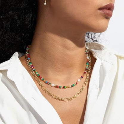 KissYan Beaded Choker Necklace for Women, Colorful Natural Gemstones Pearl Choker 14K Gold Plated Pendant Healing Crystal Necklace Handmade Stone Jewelry Gift | 14K Gold Plated Pendant Necklaces, Natural Gemstones Pearl Choker, Healing Crystal Chain, Hand