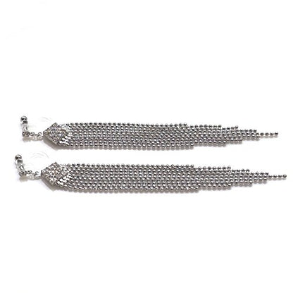 Dangle Silver Invisible Clip On Earrings for Women Not Pierced Gold Crystal Rhinestone Comfortable Hoop Fringe Long Chain Clip On Earrings - color: Fringe Silver 1