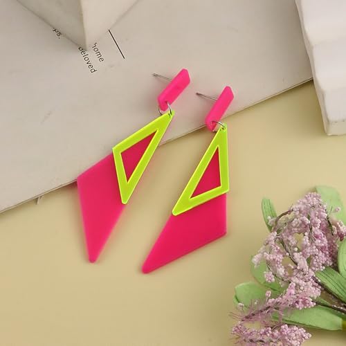 Retro 80s Neon Earrings for Women Acrylic Triangle Neon Dangle Earrings Colorful Geometric Drop Earrings Glow Party Halloween Neon Earrings - color: Rose Red
