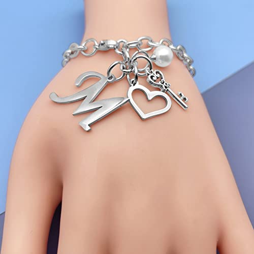 Initial A-Z Bracelets Gift for Women Girls Stainless Steel Chain Bracelet 26 Alphabet Jewelry Gifts for Birthday Anniversary Letter Bracelet Monogram Gifts for Sister Friend Girlfriends Mom 8.26 Inch - color: Silver