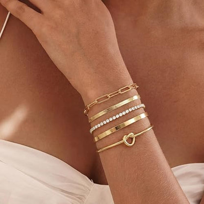 14K Gold Plated Stackable Bangle Bracelets Set for Women | Cuff Bracelet Stackable Bangles Bracelet for Women Trendy Fashion Accessories Tie Knot Cuban Rope Paperclip Beaded Bracelets - color: 5-layer C GD