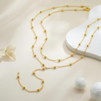 Lariat Gold Necklace for Women Dainty Long 14K Gold Plated Y-Shaped Body Chain Choker Necklace Trendy Non Tarnish Pendant Simple Layered Necklaces Gold Jewelry for Women Set Gift - color: Double Gold Beaded Necklace
