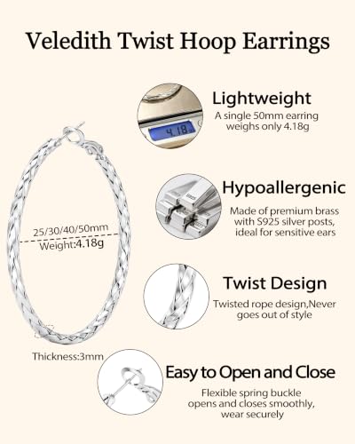 3MM Thin Sterling Silver Hoop Earrings for Women Hypoallergenic | Lightweight Small Silver Hoop Earrings Thin Twisted Hoop Earrings for Sensitive Ears - color: Silver-50MM