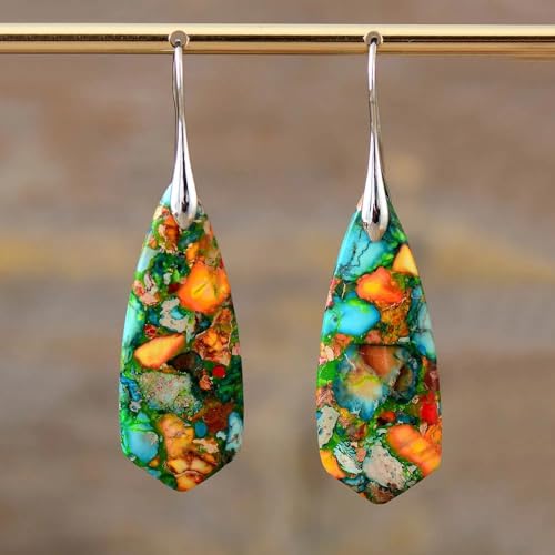 Boho Natural Imperial Jasper Teardrop Dangle Earrings for Women – Hypoallergenic French Hook Stone Drop Earrings Jewelry - color: Colorful Silvery Hook
