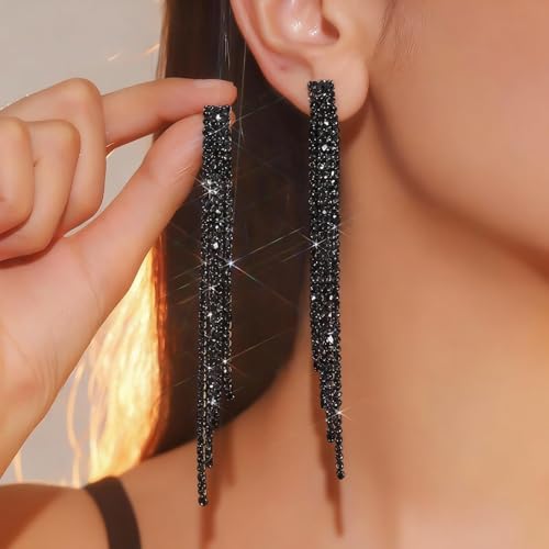 Rhinestone Clip on Earrings for Women Gold/Silver Prom Dresses 2026 Sparkly Chandelier Long Earrings Wedding Guest Jewelry - color: Black Clip on