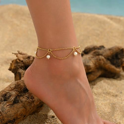 18K Gold Plated Waterproof Summer Beach Ankle Bracelets for Women | Starfish Sea Shell Pearls CZ Diamond Dangle Anklets - style: 4 Pearls Drop-Gold