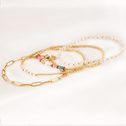 Dainty Gold Plated Pearl Crystal Beaded Bracelets Set for Women 14K Gold Plated Bead Pearl Beads Bracelet Stackable Paperclip Link Chain Bracelets Gold Plated Bracelets for Women Trendy Jewelry - color: Style1