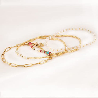 Dainty Gold Plated Pearl Crystal Beaded Bracelets Set for Women 14K Gold Plated Bead Pearl Beads Bracelet Stackable Paperclip Link Chain Bracelets Gold Plated Bracelets for Women Trendy Jewelry - color: Style1