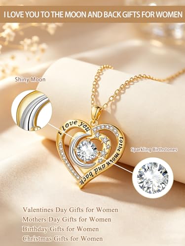 14K Gold I Love You to the Moon and Back Necklace for Women, Double Heart Birthstone Necklace, Moon Star Love Jewelry, Christmas Valentines Mothers Day Birthday Gifts for Wife Mom Girlfriend - color: 04-Apr Birthstone