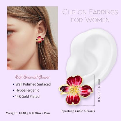 Clip on Earrings Women, 14K Gold Plated Earrings for Sensitive Ears, Fashion Women's Earrings Jewelry Birthday Gift for Wife Grandma Daughter Girls on Christmas Thanksgiving - color: Gold Red Earrings