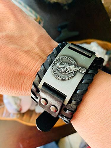 GelConnie Viking Bracelet Punk Leather Cuff Bracelet Gothic Leather Wristband Bracelet with Nordic Amulet Scandinavian Talisman Celtic Pagan Jewelry - color: Black Bird