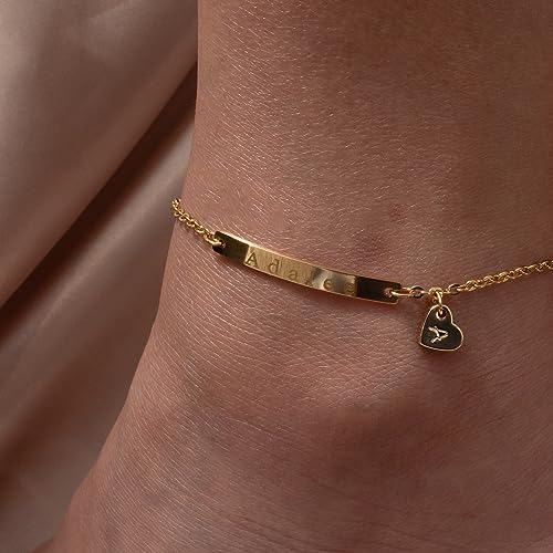 Personalized Name Bar Anklet for Women with Hand Stamped Dangle Heart Charm, Custom Engraved Initial Plate, 16K Gold Rose Gold Silver Plated Hypoallergenic Stainless Steel, Anniversary Birthday Bridesmaid Gift