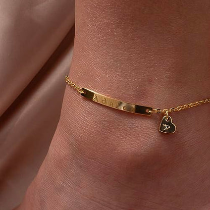 Personalized Name Bar Anklet for Women with Hand Stamped Dangle Heart Charm, Custom Engraved Initial Plate, 16K Gold Rose Gold Silver Plated Hypoallergenic Stainless Steel, Anniversary Birthday Bridesmaid Gift