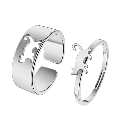 2PCS Matching Cute Animals Promise Engagement Rings for Couples Men Women Jewelry Band Sets 316L Stainless Steel Adjustable Open Ring - color: Cat-s