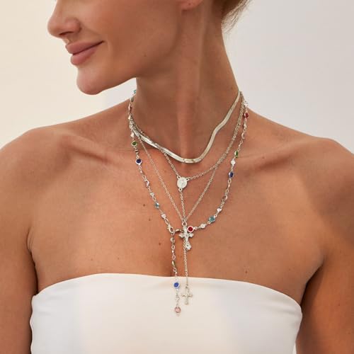 KURTCB Rhinestone Necklace for Women Boho Long Y Lariat Gold Necklace Stack Colorful Summer Beach Jewelry - color: Silver Cross Stone