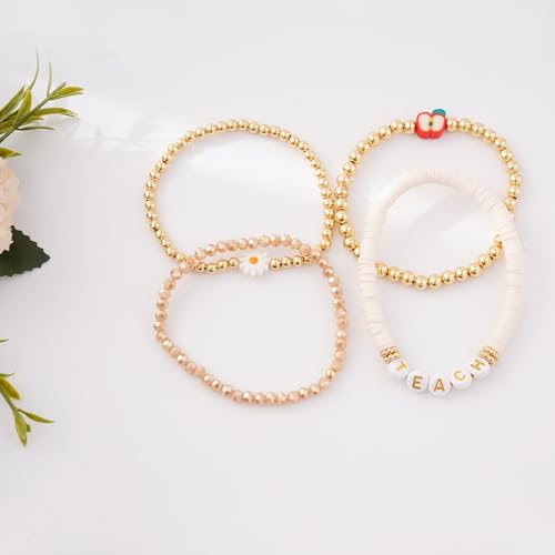 GOOJIDS Surfer Heishi Clay Bead Bracelets for Women Bohemian Stackable Gold Plated Beaded Stretch Bracelets Elastic Layering Friendship Bracelets Set Boho Jewelry - color: D-Teach Bracelet