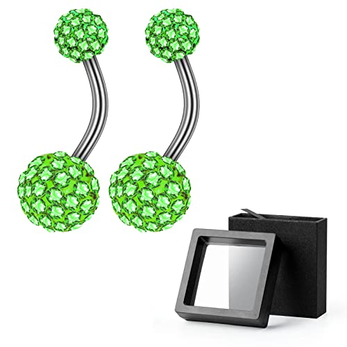 2-Piece 14G Belly Button Rings, Rhinestone Disco Balls | Hypoallergenic stainless steel with 5mm top and 8mm bottom rhinestone balls, gift-boxed navel piercing jewelry for women - color: Green