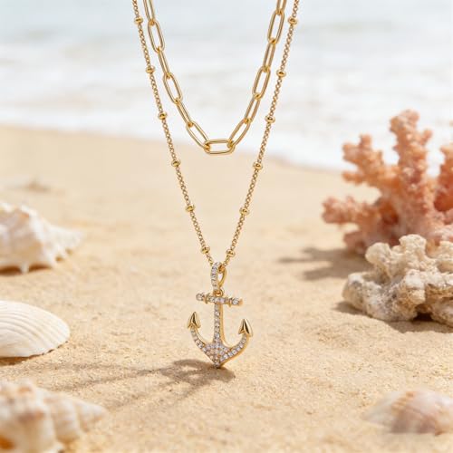 MEVECCO Dainty Pendant Layered Necklaces for Women | 18K Gold Plated Brass, 2-Piece Set With A Choker-Length Upper Layer, Wear Together Or Separately, Refined Everyday Style - style: Layer Anchor