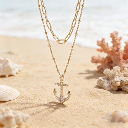 MEVECCO Dainty Pendant Layered Necklaces for Women | 18K Gold Plated Brass, 2-Piece Set With A Choker-Length Upper Layer, Wear Together Or Separately, Refined Everyday Style - style: Layer Anchor