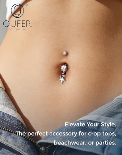 OUFER 14G Star Silver Gold Dangle Belly Button Ring 316L Surgical Stainless Steel CZ 10mm Bar Length Navel Piercing Jewelry for Women - color: Silver