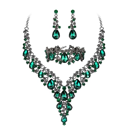 Wedding Bridal Necklace Earrings Jewelry Set for Women | Gorgeous Austrian Crystal Teardrop Flower Cluster for Bridal Bride Bridesmaid - color: 3Pcs-Emerald Color Black-Tone