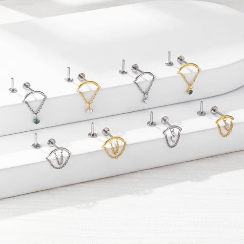 BelezaDosas G23 Titanium Labret Studs Threadless Push-in Labret Press Fit 16G Cluster Helix Lobe Conch Tragus Push Back Piercing Jewelry - style: silver 2 chain