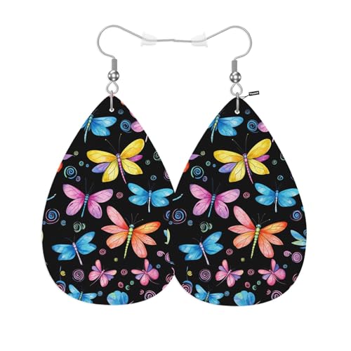 Dragonfly Leather Teardrop Hook Earrings Colorful Butterflies And Dragonflies Elegant Earrings For Women Friends Dangle Earrings - color: Dragonfly