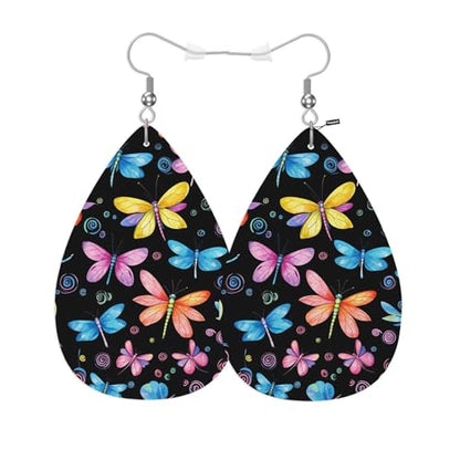 Dragonfly Leather Teardrop Hook Earrings Colorful Butterflies And Dragonflies Elegant Earrings For Women Friends Dangle Earrings - color: Dragonfly