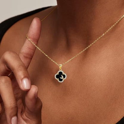 14K Gold Plated | 14K Platinum Plated Necklace for Women Necklace Earrings Set with Sparkling Zircon Inlay and Silver Post Earrings - color: clover suit gold