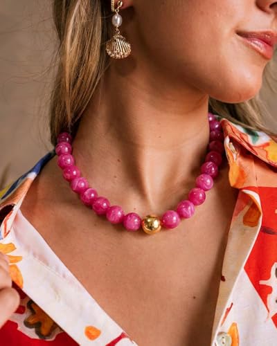 Chunky Beaded Necklace for Women Boho Statement Bead Necklace | Adjustable, Lightweight Choker, Round/Oval/Pebble Beads, Trendy Summer Beach Jewelry - color: Hot Pink-B