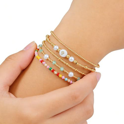 Dainty Gold Plated Pearl Crystal Beaded Bracelets Set for Women 14K Gold Plated Bead Pearl Beads Bracelet Stackable Paperclip Link Chain Bracelets Gold Plated Bracelets for Women Trendy Jewelry - color: Style9-multi layer3-5pcs