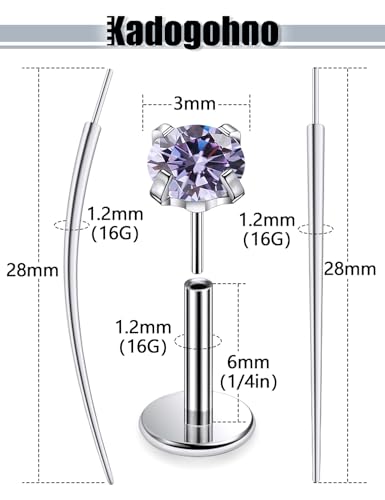 F136 Titanium 20/18/16g Internally Threaded Medusa Monroe Lip Ashley Labret Nose Rings Flat Back Tragus Helix Cartilage Conch Screw Stud Earrings Surgical Steel Piercing Jewelry for Women - color: Purple CZ, size: 16g*1/4in