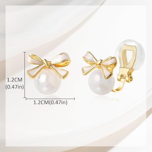 YOQUCOL Golden Bow Clip On Stub,Danle Drop Earrings for Women Simulated Pearl Christmas Xmas Bowknot Non Pierced Earrings - color: Stud Clip-02-White