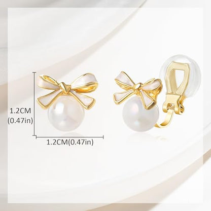 YOQUCOL Golden Bow Clip On Stub,Danle Drop Earrings for Women Simulated Pearl Christmas Xmas Bowknot Non Pierced Earrings - color: Stud Clip-02-White