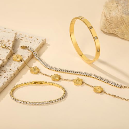 18 K Gold Plated Love Bangle Bracelet Stack for Women,Set of 4 Floral Clover Chain, Tennis Crystal &Gold Stackable Bangle Bracelet -Adjustable Layered Jewelry Gift for Wife Valentines Mother's Day-MVCOLEDY - color: Gold and White CZ