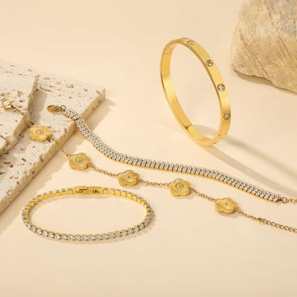 18 K Gold Plated Love Bangle Bracelet Stack for Women,Set of 4 Floral Clover Chain, Tennis Crystal &Gold Stackable Bangle Bracelet -Adjustable Layered Jewelry Gift for Wife Valentines Mother's Day-MVCOLEDY - color: Gold and White CZ