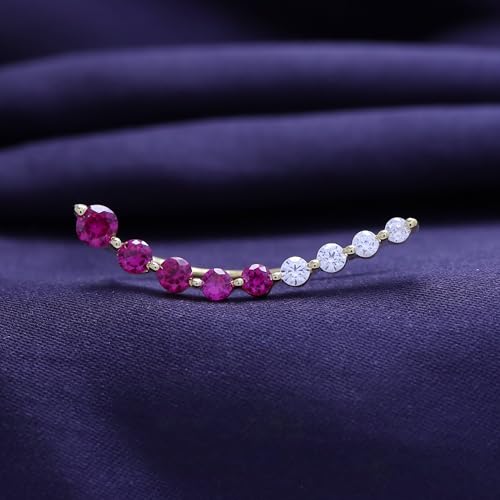 Floating Curved Bar One Piece Left Ear Crawler Earrings With Birthstone | White CZ In 14K Yellow Gold Over Sterling Silver - color: Simulated Ruby