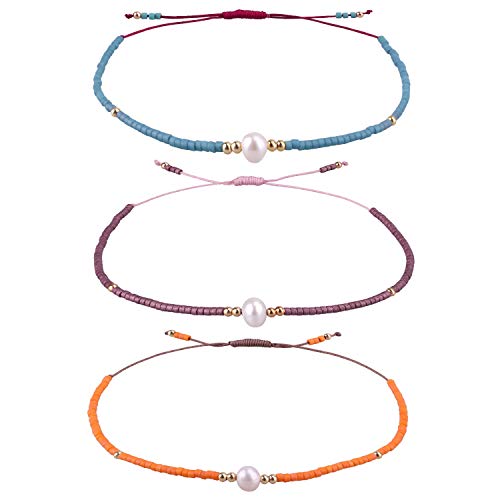 KELITCH 3 PCS Natural Pearls Bracelets Women Strand Thin Rope Friendship Bracelets Handmade Stack Charm Bracelets - color: Purple Orange Blue 02F