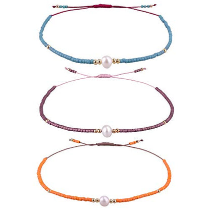 KELITCH 3 PCS Natural Pearls Bracelets Women Strand Thin Rope Friendship Bracelets Handmade Stack Charm Bracelets - color: Purple Orange Blue 02F