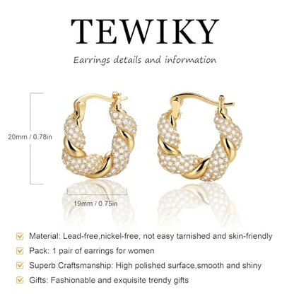 Chunky Gold Hoop Earrings for Women 14k Gold Plated Thick Triple Earrings | Hypoallergenic Trendy Chunky Gold Hoops Earrings,Dainty Jewelry Gifts for Women - style: Gold CZ Twisted Earring