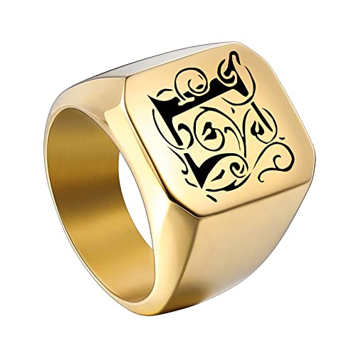 INBLUE Personalized Engraved Initial Monogram Signet Rings for Man Women Stainless Steel Rings Customize Jewelry with Ring Size Adjuster - color: Gold: Initial